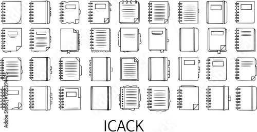Education and Office Stationery Line Art Icons: Diverse Collection of Notebooks, Notepads, Binders, and Planners