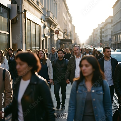 Diverse crowd of people walking on a busy city street at sunset.