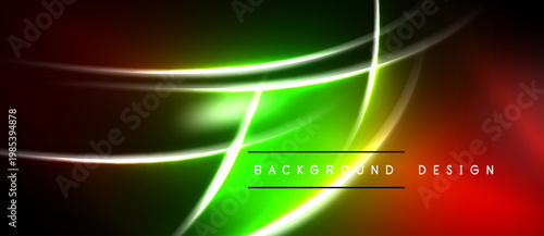 Abstract neon lines create dynamic background. Vivid green, red hues dominate design, offering modern aesthetic. Smooth curves intersect.
