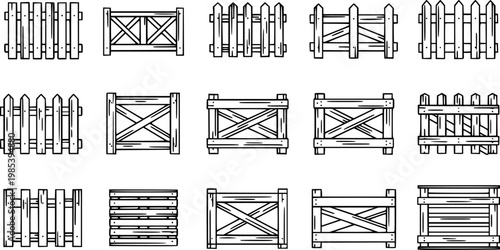 Black and White Line Art Collection of Various Wooden Fences and Crates, Farm and Garden Elements