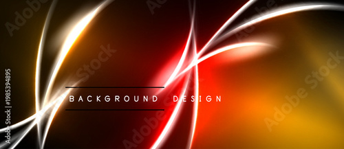 Abstract design features glowing lines, vibrant colors. Dark background contrasts bright orange, red elements. Modern aesthetic.