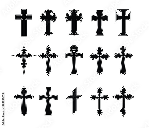 Set of cross icons black religious symbols collection