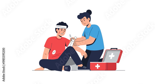 Cartoon paramedic bandaging injured person with first aid kit