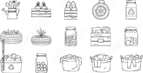 Eco-Friendly Recycling  Sustainable Living Black  White Line Art Set: Hand-Drawn Reused Objects, Household Items, Tools, Jars, Crates, and Baskets.