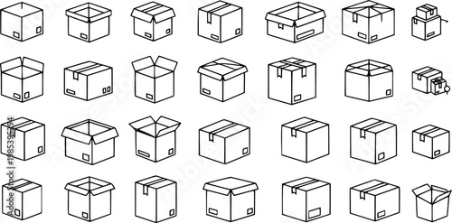 Logistics and E-commerce Cardboard Boxes Vector Set. Black  White Line Art Isometric Outline Icons for Shipping, Delivery, and Packaging Industry.