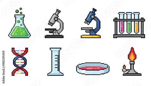 Science Laboratory Equipment Icons Set with Microscope and Flasks Pixel Art