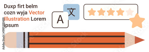 Language learning, translation tools, online reviews, feedback systems, content creation, writing tools. Large pencil, text blocks language icon and star rating box. Language learning and online