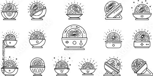 Mysticism and Astrology Crystal Ball with Galaxy Swirl Line Art Icons. Fortune Telling, Esoteric Future Prediction Magic Orbs Collection.