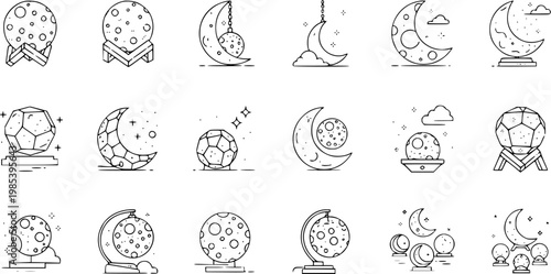Black and white line art icons of moons and celestial bodies on stands, ideal for astrology and space themes