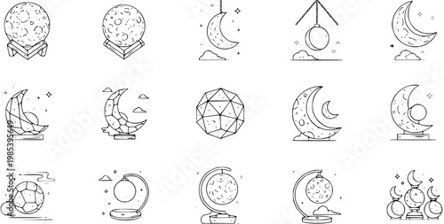 Black and White Line Art Icons of Moons and Celestial Bodies, Decorative Celestial Objects