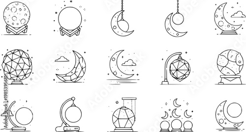 Celestial and Mystical Objects Black  White Line Art Icons Set: Moon, Crystal Ball, Star, and Geometric Orb Symbols