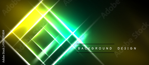 Abstract neon lines form geometric shapes. Vibrant green, yellow gradients create dynamic visual effect. Dark background enhances luminosity.