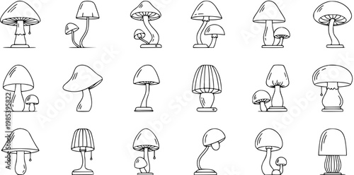 Black and White Line Art Mushroom Icons Set