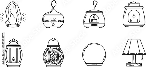Home Decor  Wellness Line Art Icons: Collection of Lamps, Essential Oil Diffusers, Wax Warmers, and Decorative Lanterns for Interior Design and Relaxation Themes.