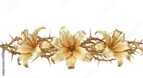 Golden lilies and thorny branches arranged horizontally on a white background, symbolizing purity and sacrifice.