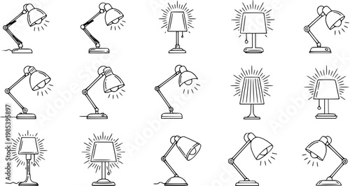 Desk and Table Lamps Black and White Line Art Icons Collection. Set of Outline Illuminated Light Fixtures for Home Office Decor and Lighting Concepts