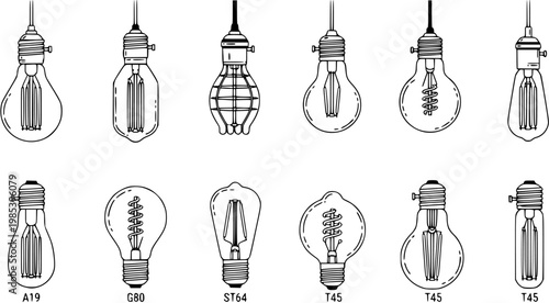 Lighting Industry Vector: Black  White Line Art Illustration Set of Vintage Filament Light Bulb Types for Electrical, Interior Design, and Retro Decor Projects