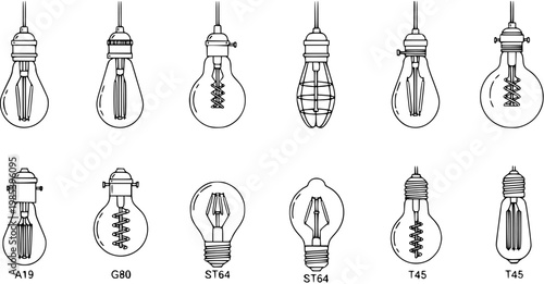 Vintage Edison light bulb outlines, various shapes and filaments, line art illustration