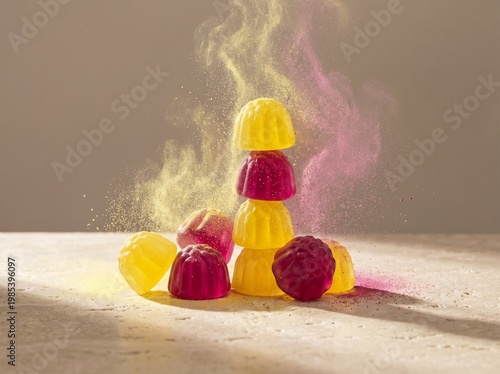 Abstract glossy liquid waves with colorful gummy candies sweet background