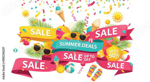 Colorful sale banners with sunglasses, beach balls, and confetti on a vibrant background, conveying a fun and festive summer shopping mood with bright, bold graphics and typography.