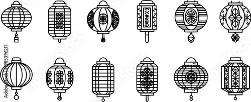 Chinese Lanterns Line Art Icons Set. Traditional Asian Culture  Festival Decorations in Black and White Outline Style for Lunar New Year Celebrations.