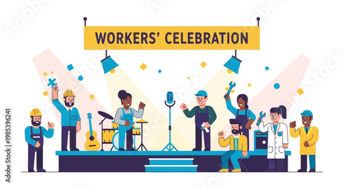 Vector illustration of diverse workers celebrating on stage