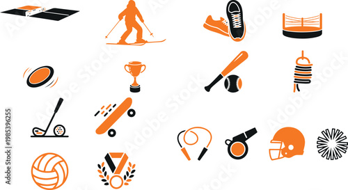 Collection of various sports icons and equipment on a white background