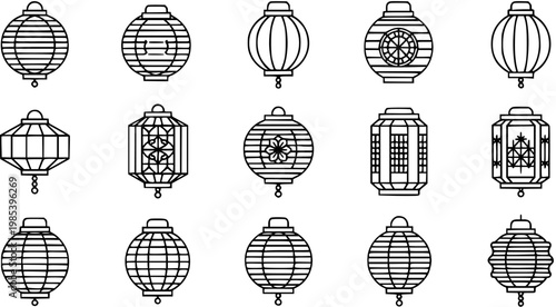 Asian Lanterns Line Art Vector Icons Set for Cultural Festivals and Celebrations, Traditional Chinese and Japanese Paper Lanterns Outline Glyph Collection