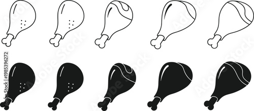 Chicken drumstick icons set with fried meat pieces isolated on white background for food menu, restaurant and fast food concepts