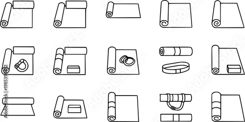 Black and White Line Art Icons of Rolled Yoga Mats and Accessories for Fitness and Wellness