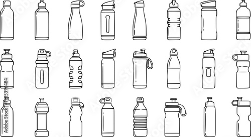 Black and White Line Art Collection of Various Water Bottles, Sports Drinks, and Containers