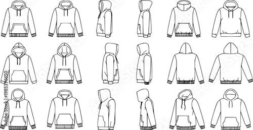 Black and white line art illustrations of hoodies, front, side and back views, for fashion design