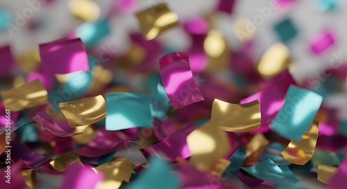 Festive Confetti Explosion: Pink, Gold, Teal Paper Pieces Falling