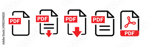 PDF file format icons set. PDF file download symbols. Format for texts, images, vector 