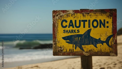 A caution sign alerts beachgoers to the presence of sharks in the water during sunny daytime hours by the coast