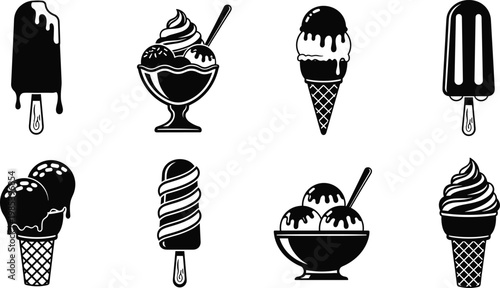 Ice cream icon set featuring popsicles, waffle cones, sundae bowls and soft serve desserts isolated black glyph collection for summer food menu design