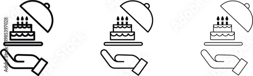 Minimalist birthday cake icon set, hand holding tray with tiered cake and candles, cloche food cover vector illustration for celebration and catering