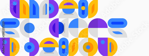 Abstract colorful shapes form word video. Geometric design uses blue, yellow, purple hues. Modern aesthetic, playful composition.