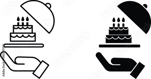 Minimalist birthday cake icons, waiter hand holding cloche with tiered cake and candles, black and white vector illustrations for celebration