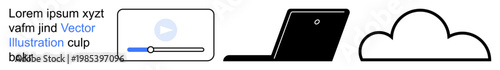 Technology, digital media, cloud storage, online learning, streaming, remote work. A media player, laptop and cloud symbol. Technology and digital media concepts