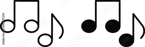 Minimalist musical note icons, black outline and solid eighth note symbols, simple music melody vector elements for interface design