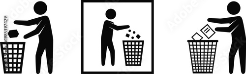 Throw trash in bin icons set with people disposing waste isolated on white background for recycling, cleanliness and waste management concepts