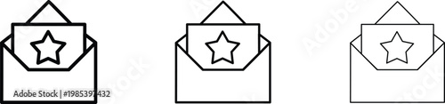 Minimalist envelope icon set with star card, black line art mail symbols in three stroke weights, vector email notification graphics