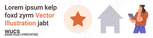 Design elements for branding, education, digital apps, business tools, user interface, technology. Star icon, house shape person with tablet. Branding and education focused visual communication