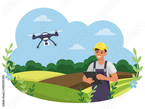 Fotografía A farmer with a tablet and smart drone over fields in cartoon style on sky