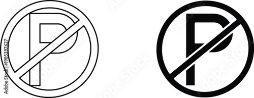 No parking sign vector icons, black and white prohibited parking symbols, minimalist traffic restriction graphics for urban signage and road safety