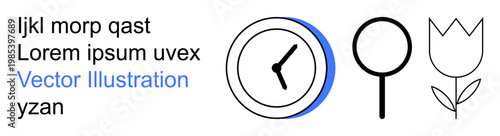 Time management, research, minimalism, productivity, nature appreciation, lifestyle . Clock, magnifying glass tulip in line art. Time management and research concept
