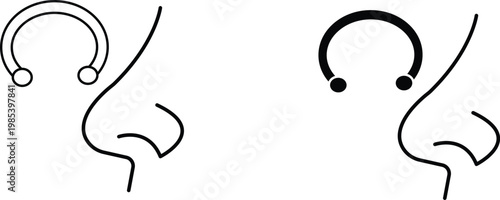 Septum piercing vector icon set, nose ring jewelry line art, circular barbell horseshoe piercing illustration for body modification studio