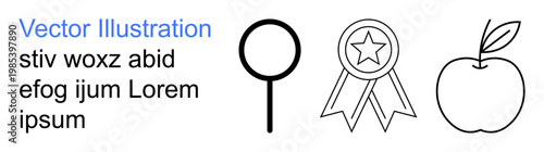 Education, success, knowledge, achievement, health, recognition. Minimalistic design of a magnifying glass, ribbon with star and apple. Education and success concepts