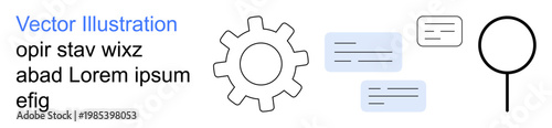 Collaboration, communication, data search, technical analysis, brainstorming, and research. Gear with text bubbles and magnifying glass in clean layout. Communication and research tools concept